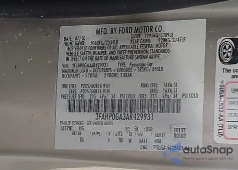 2010 Ford Fusion S z USA, uszkodzony, nr VIN 3FAHP0GA3AR429931